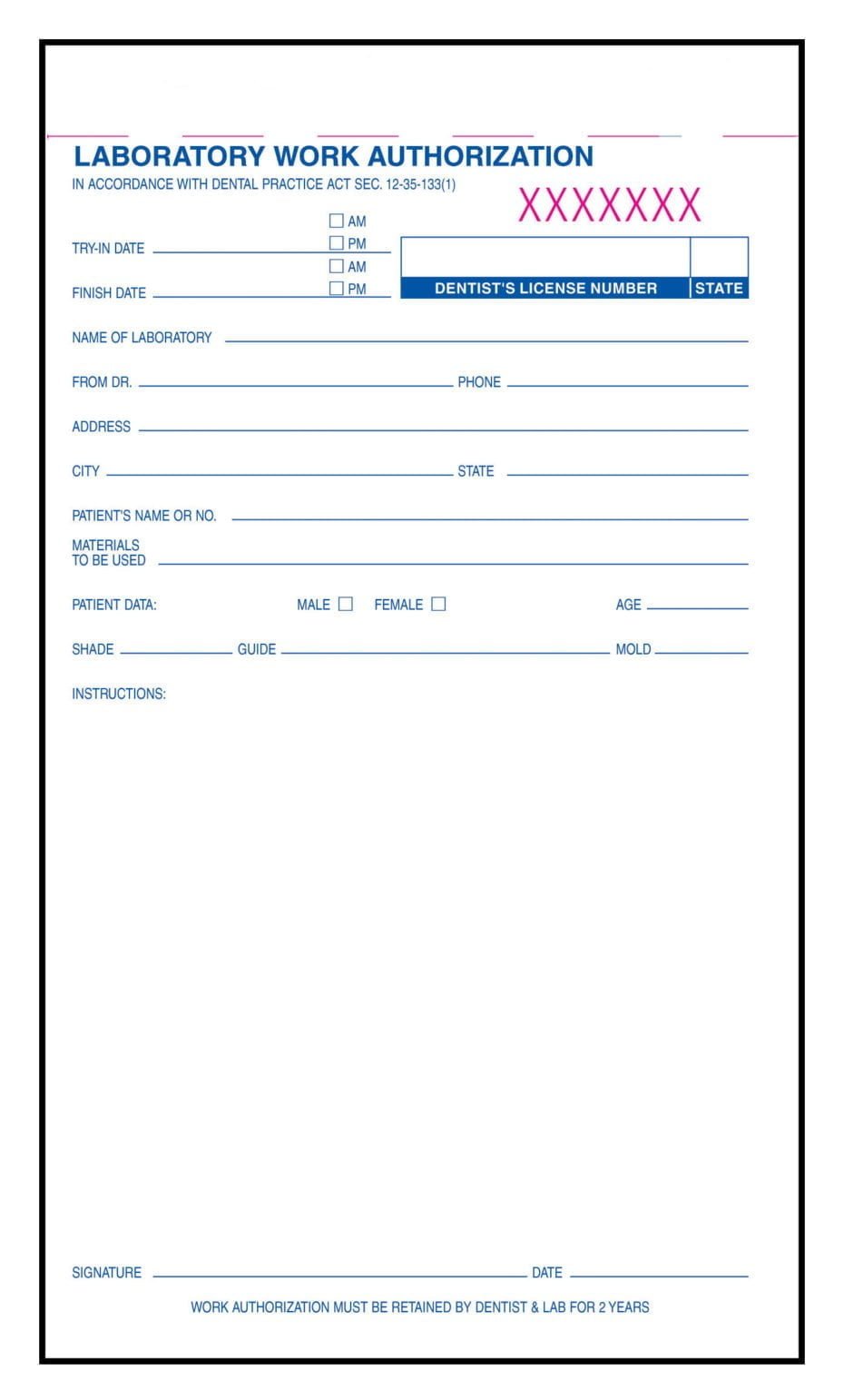 Lab Authorization Pads Colorado Dental Association